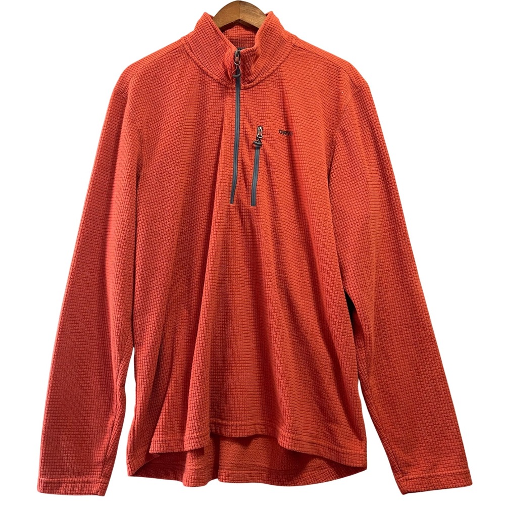 Orvis Quarter Zip Pullover Men XL Orange Waffle Knit Fleece Fall Gorpcore Hiking